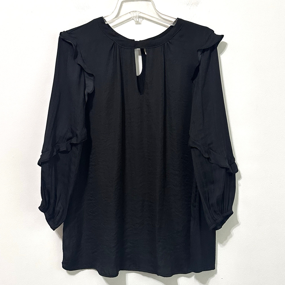 Dolan Anthropologie Ruffle Blouse L Black 3/4 Sleeve Keyhole Party Top Work